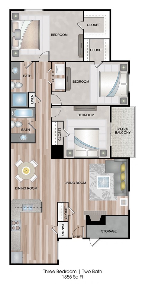 C1 floorplan, 3 bedroom 2 bathroom